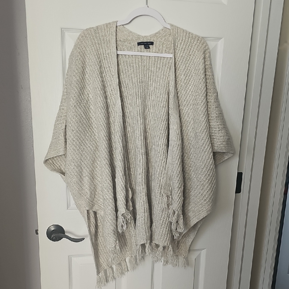 American Eagle Outfitters Cream Knit Poncho with Fringe